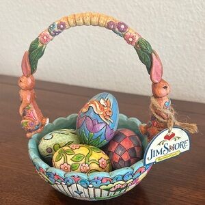 Jim Shore Easter Basket with Vibrant Eggs and Bunny Handle